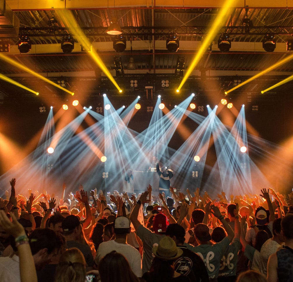 Celebrity Band Concert Crowd Yellow and Blue Intelligent Lighting with audience going wild.